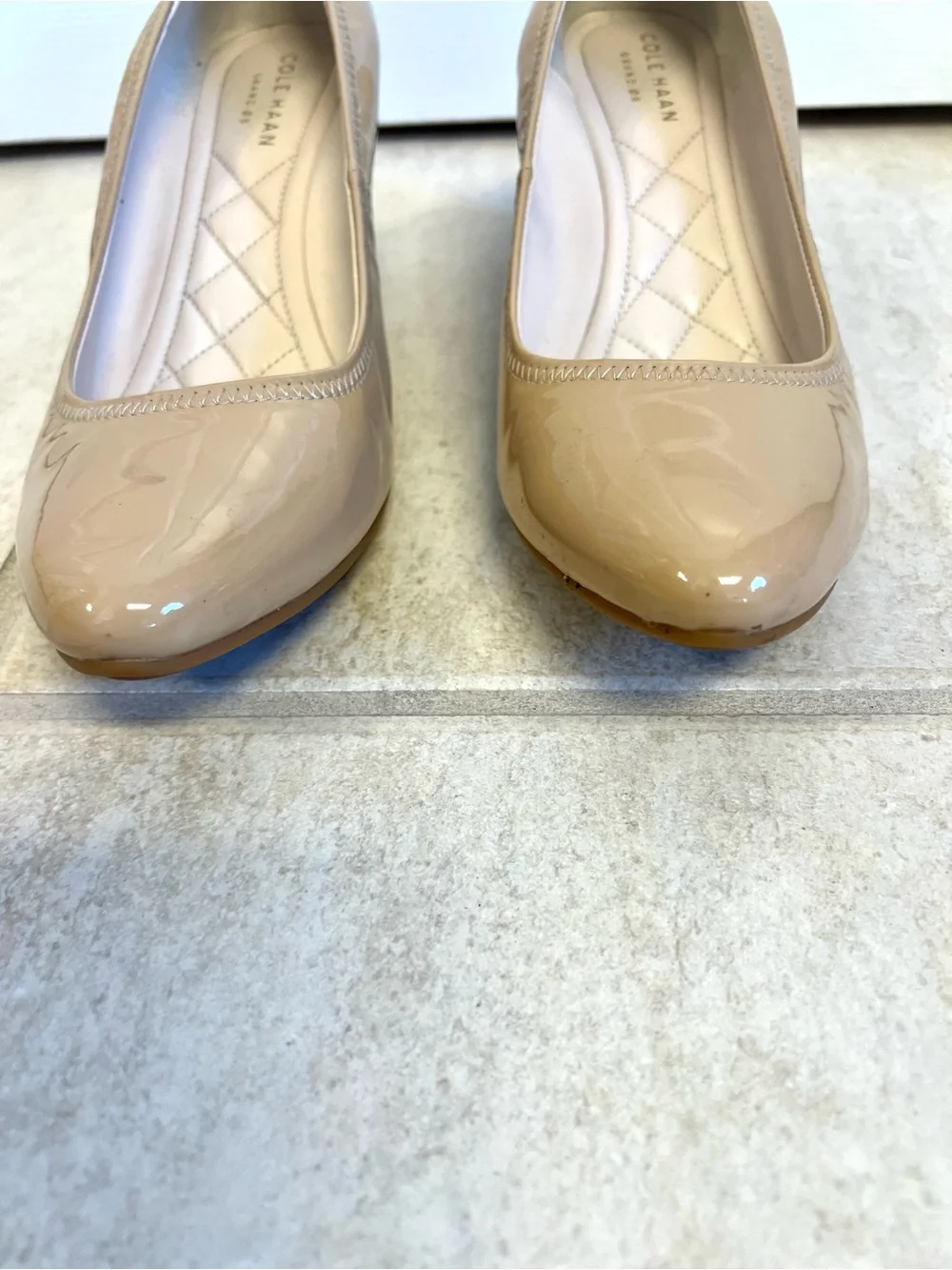 Cole Haan Grand.OS Patent Leather Nude Beige Wedge Pumps Almond Toe Women’s 7B